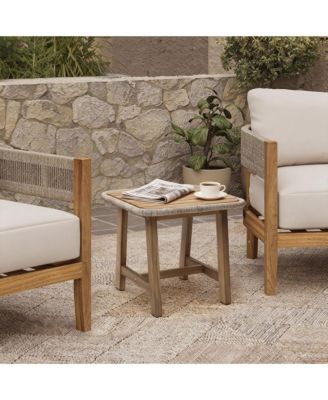  Outdoor Side Table, Acacia Wood Patio End Table with Woven Wicker Trim, Small Outdoor Accent Tables for Patio, Balcony, Garden