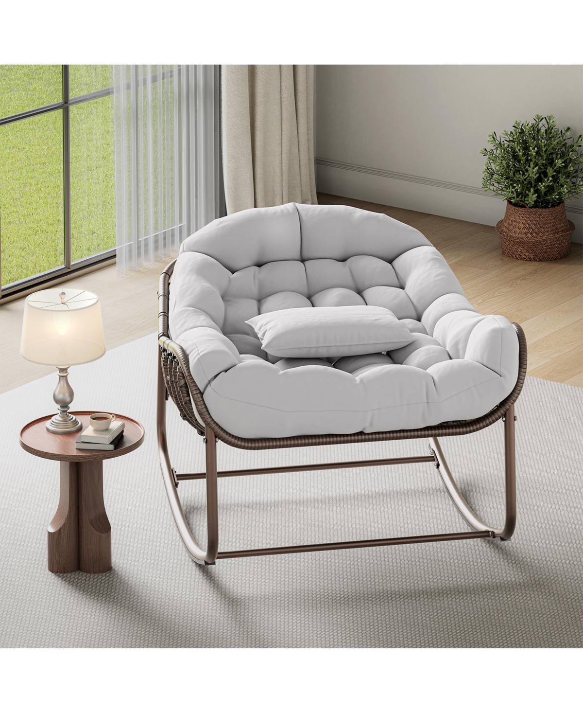 Homfan Rocking Egg Chair with Extra-Thick Cushions, Heavy-Duty 450 lb Capacity Steel Frame and Hand-Woven Pe Wicker for Indoor Outdoor