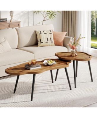 Nesting Coffee Table Set of 2, Solid Wood Coffee Tables with Cloud Tabletop