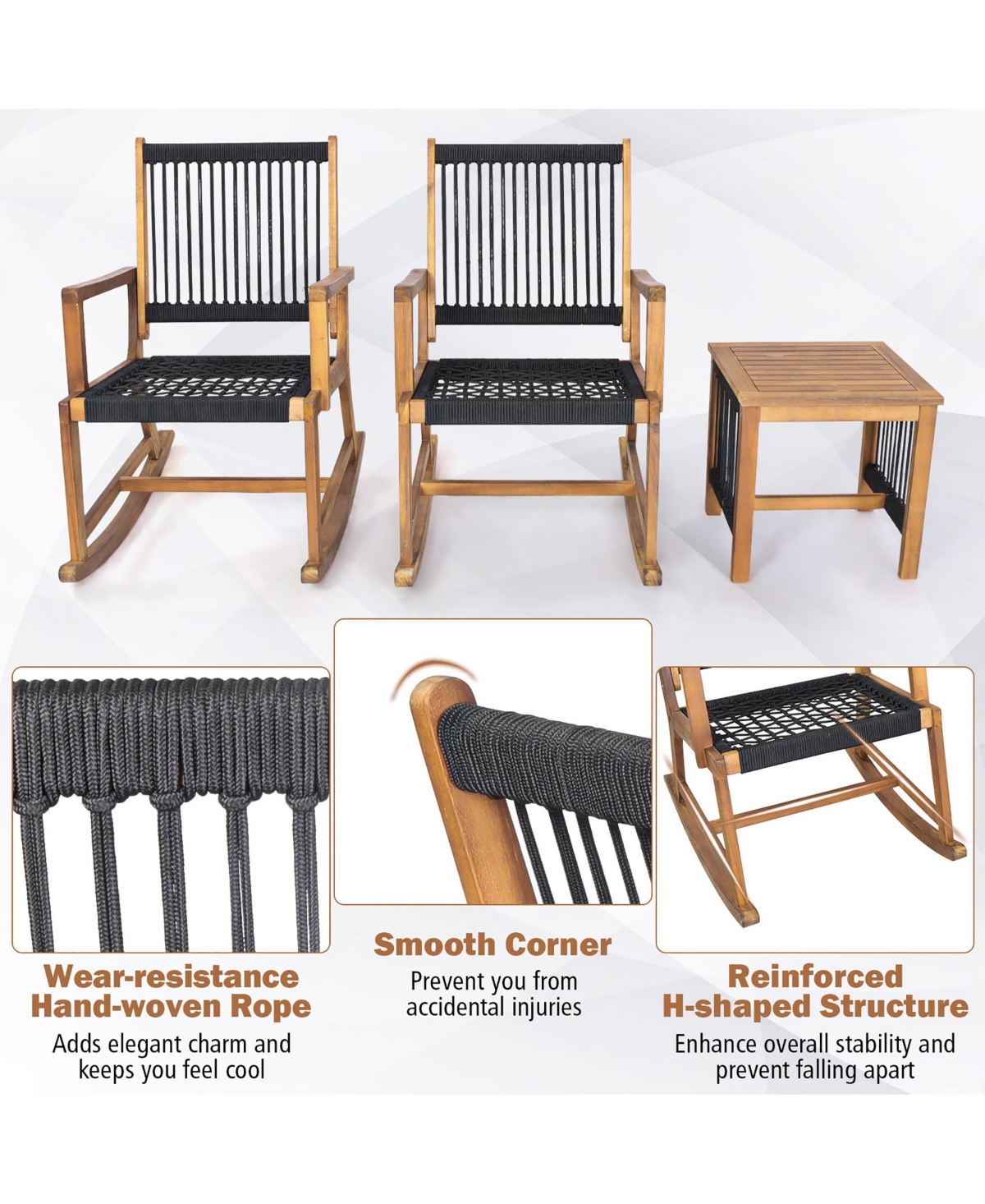 Gymax 3 Piece Acacia Wood Rocking Chair Set with Coffee Table and All-Weather Rope Patio Poolside