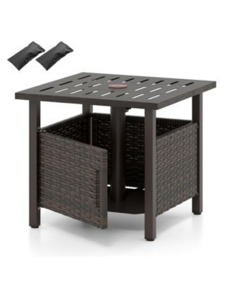 All-Weather PE Wicker Patio Side Table with Umbrella Hole for Outdoor Use