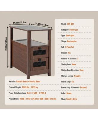  Farmhouse End Table with Charging Station, 4-Tier Storage, 23.98 x 14.02 x 24.02 in