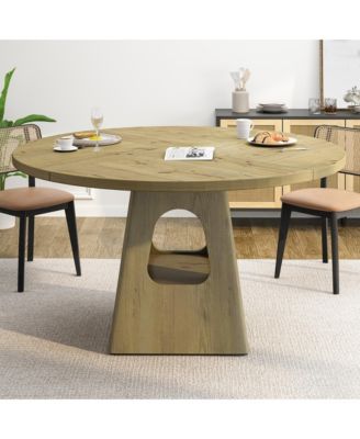 47" Round Dining Table for 4-6, Farmhouse Kitchen Table with Wooden Tabletop and Storage Base for Living Room, Dining Room