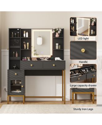  Modern Vanity Desk with LED Lighted Mirror - 3-Color Dimmable Lighting, USB Charging Station, Hidden Jewelry Cabinet, Drawers and Shelves