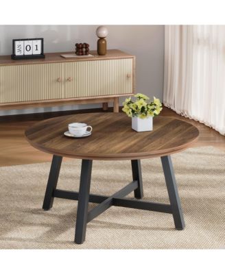 Modern 36 Inch Round Coffee Table, Industrial Style, Black Metal Frame, Wood Grain Top, Thick Legs, Adjustable Feet, Easy Assembly