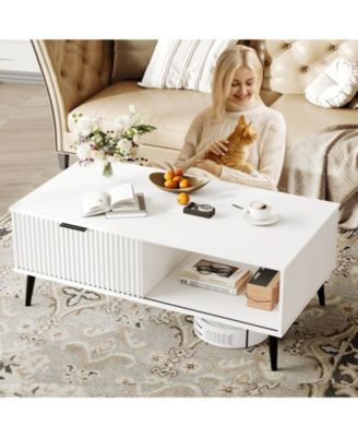Coffee Tables for Living Room, Farmhouse Center Table with Hidden Storage and Fluted Sliding Door, Dining Table for Home Apartment Office