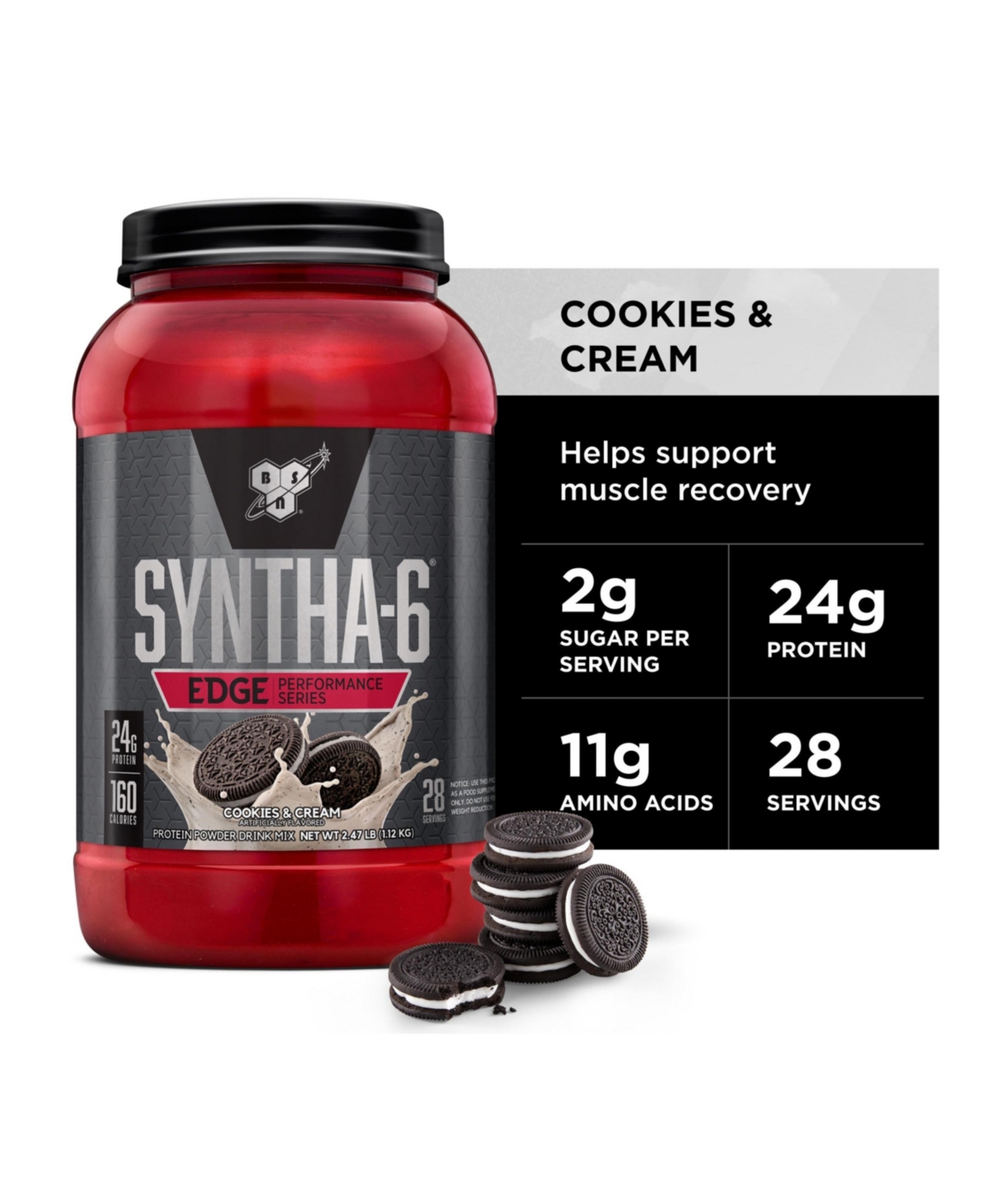 Bsn Syntha-6 Edge Protein Powder, with Hydrolyzed Whey, Micellar Casein, Milk Protein Isolate, Low Sugar, 24g Protein, Cookies N Cream