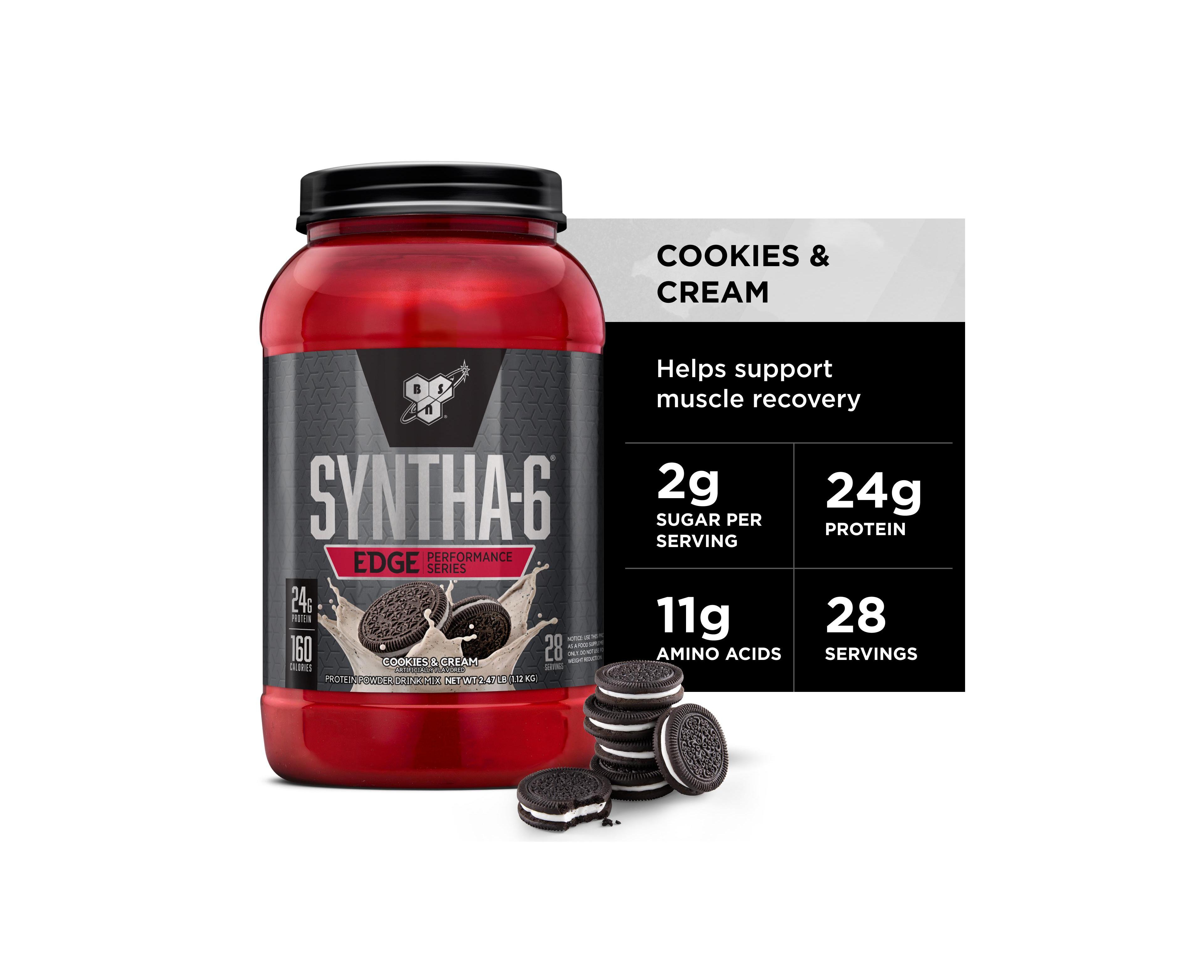 Bsn Syntha-6 Edge Protein Powder, with Hydrolyzed Whey, Micellar Casein, Milk Protein Isolate, Low Sugar, 24g Protein, Cookies N Cream, 28 Servings