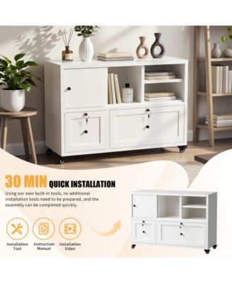 Metal Filing Cabinet with Lock, 2-Drawer File Cabinet with Open Storage Shelves and Full-Extension Slides, Holds A4/Legal/Letter Files