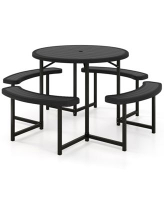 Round Picnic Table Bench Set with 4 Benches and Umbrella Hole for Patio Outdoor