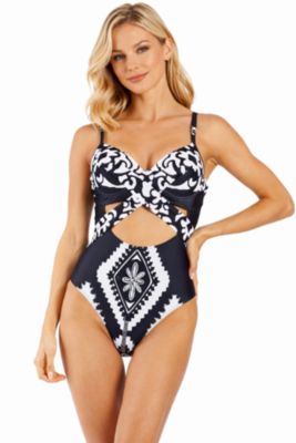 Women's Black and White Cut-Out One Piece Swimsuit - Designer Resort Swimwear