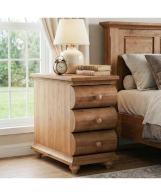 Solid Wood End Table, 3 Drawers Narrow Sofa Side Table with Finished Back, Rustic Slim Nightstand Bedside Table