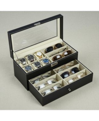 Leather 6 Watch Box 9 Eyeglasses Storage Lockable Organizer Two Levels Clear Glass Top
