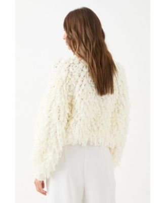 Women's Zip Up Cream Fringe Loop Cardigan