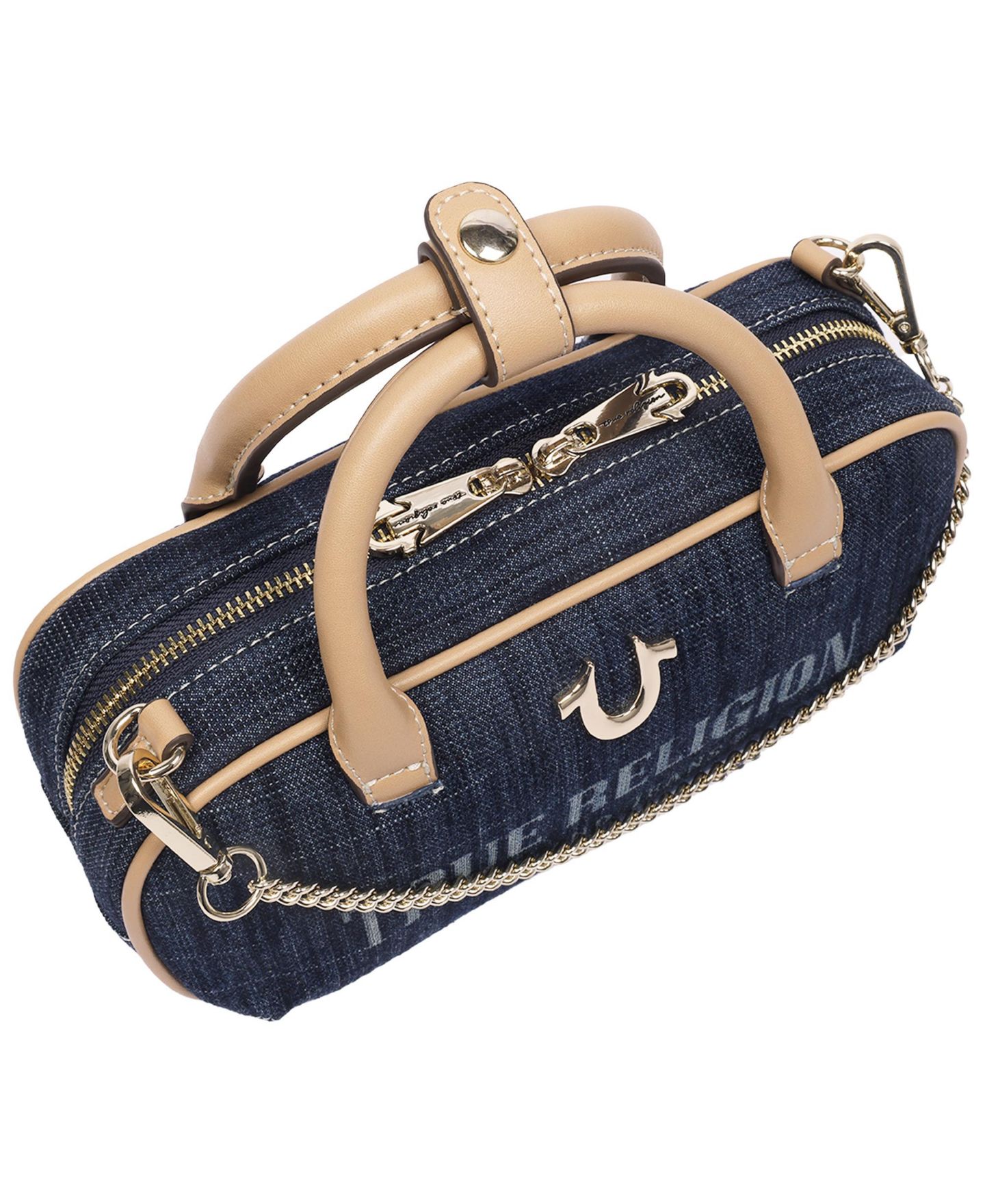 Женская сумка True Religion Bentley Denim and PU Mini Satchel - Top Handle Crossbody Handbag with Chain Detail, цвет: Рыжевато-коричневый — фото 5