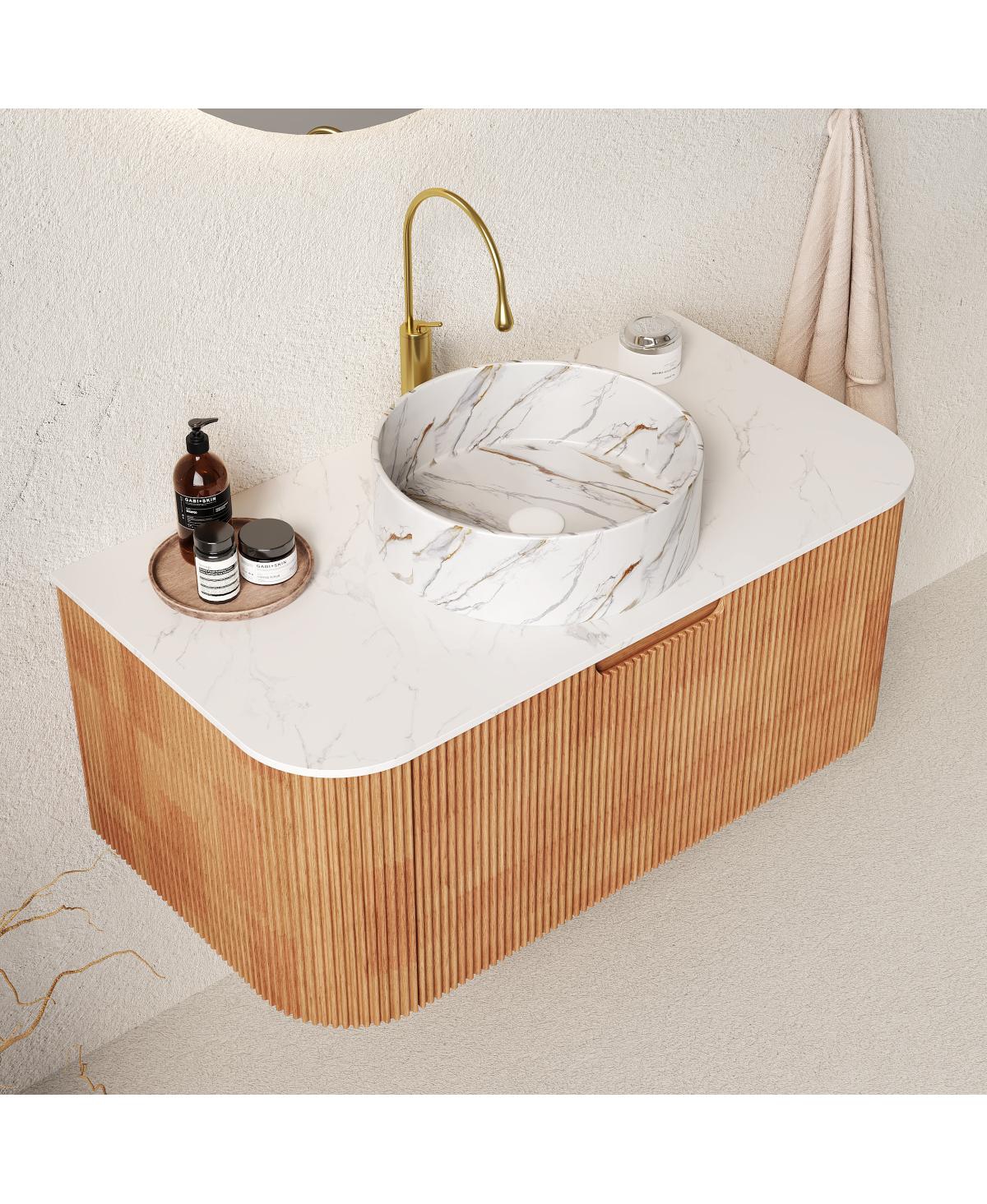 Sillysis Modern Bathroom Vanity with Stone Pattern Ceramic Basin, 3D Striped Wood Drawer, Wall Mounted Storage Cabinet