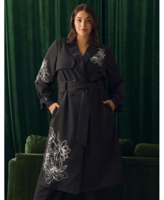 Plus Size Monet Embroidered Belted Full-Length Trench