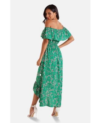 Women's Floral Bardot Ruffled Hem Midi Dress