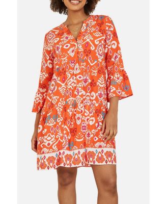 Women's Ikat Print 3/4 Sleeve Tunic Dress