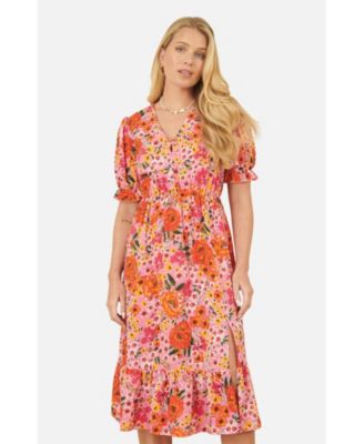 Women's Short Sleeve V-Neck Printed Midi Dress