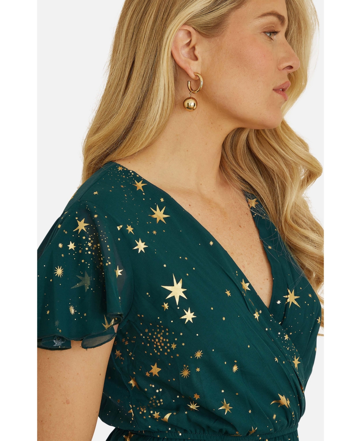 Yumi Women's Foil Star Print Wrap Skater Dress