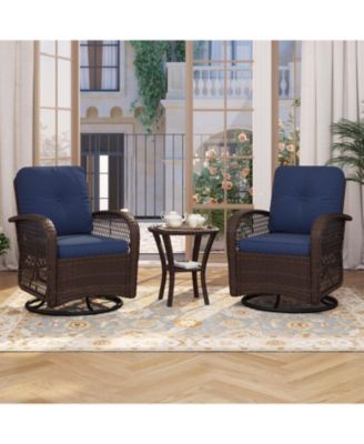 Indoor Swivel Glider Chair 3 Piece Set Wicker Rattan Living Room Furniture with Glass Top Side Table