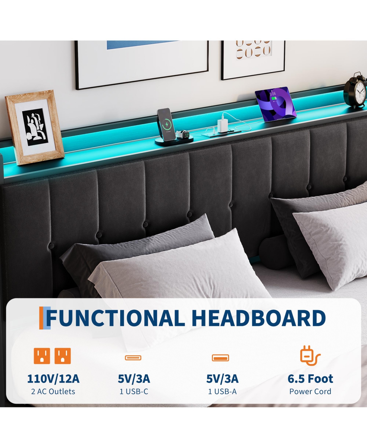 Homfan Lift-Up Hydraulic Storage Upholstered Soft Bed Frame with Led Lights, Power Outlets, Sturdy Metal Slats