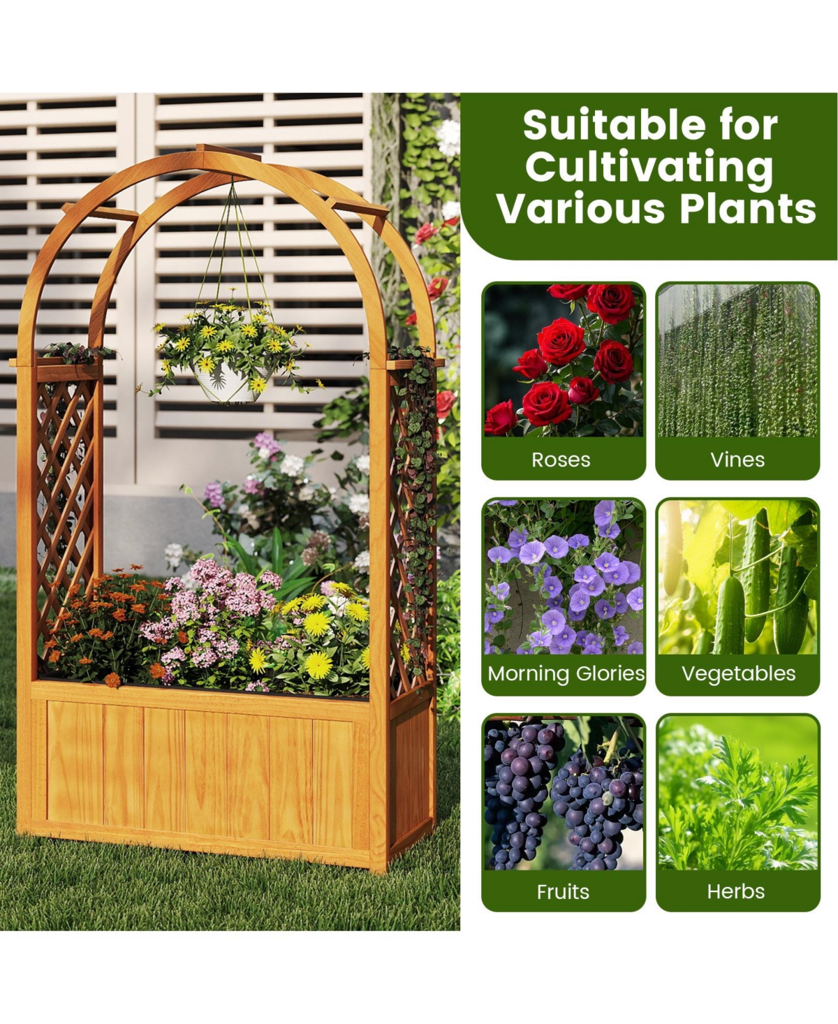 Gymax 2PCS Wooden Raised Garden Bed w/ Lattice Trellis Arched Roof Liner Drainage