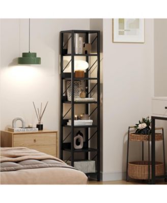 Narrow 6-Tier Tall Skinny Bookshelf with Metal Frame, Rustic Industrial Corner Storage Rack