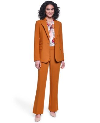 Women's Notch Lapel Woven Blazer, Sleeveless Printed Tie-Neck Blouse and Full Length Mid-Rise Flare Pants