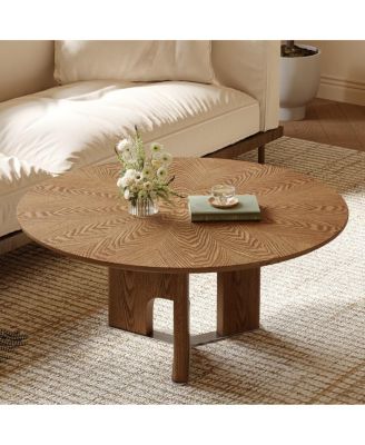 Round Wood Veneer Coffee Table, Rustic Modern Living Room Table