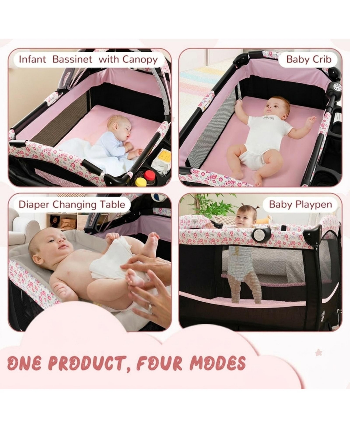 Gouun Baby Portable 4-in-1 Pack and Play Nursery Center with Bassinet and Canopy