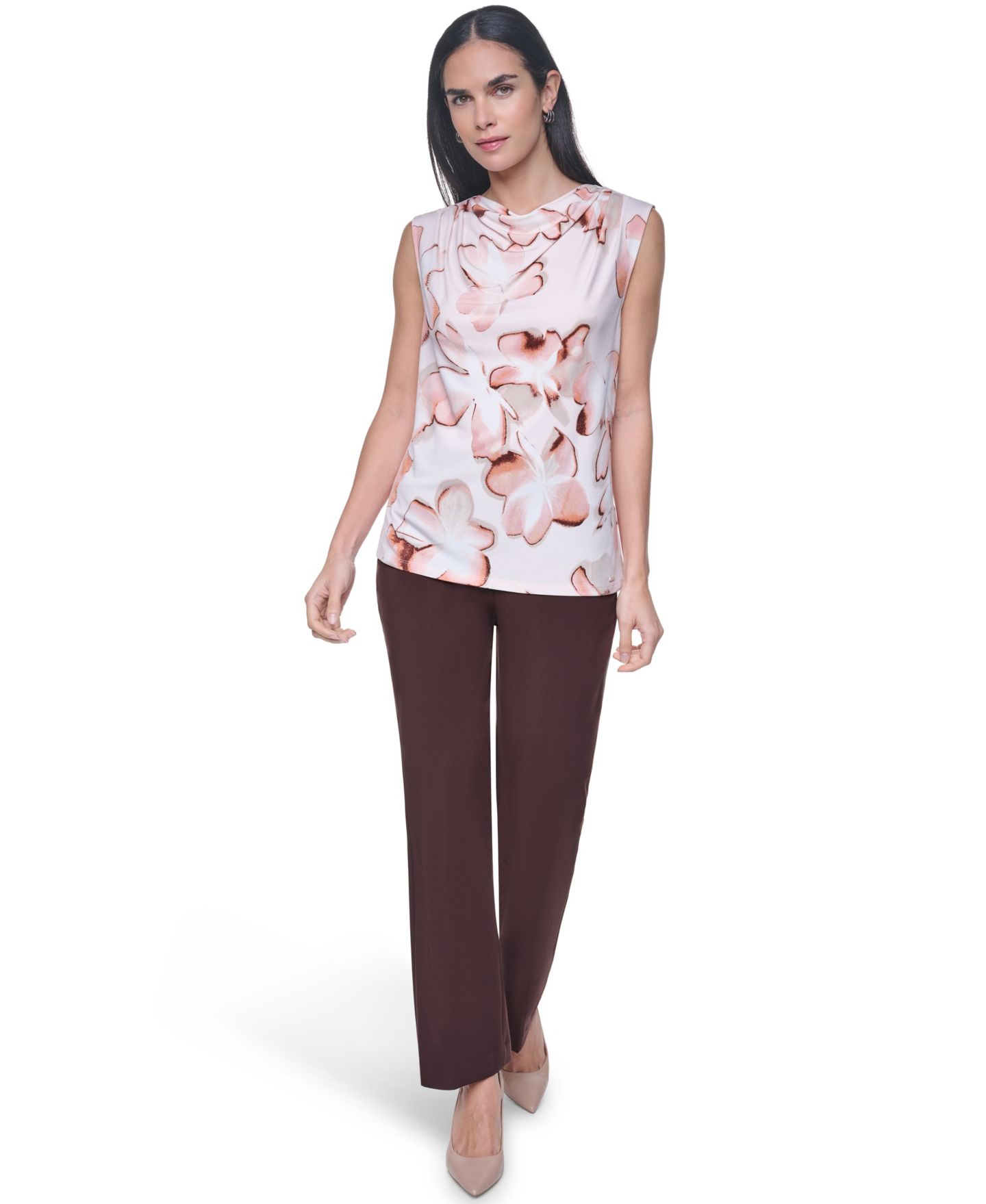 Женская блузка Calvin Klein Petite Printed Cowl Neck Sleeveless Blouse, цвет: Пудровый разноцветный — фото 2