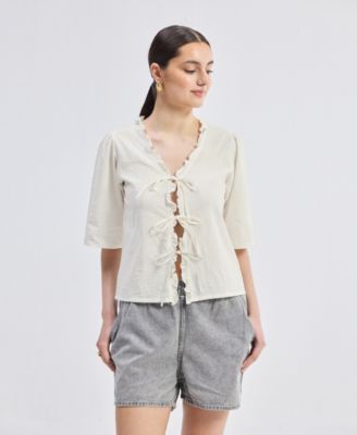 Women's Relaxed Fit Top With Ruffles and Front-Ties in Cream