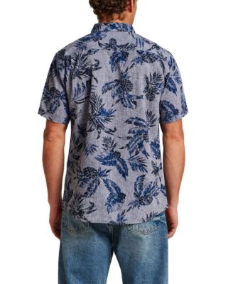 Men's Short-Sleeve Button Down Print Linen Cotton Shirt