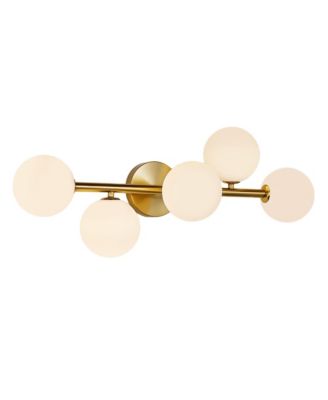 5 Light Mid Century Modern gold LED fixture with milk glass, 3 CCT dimmable, semi flush mount for bathroom, kitchen, or dining room.