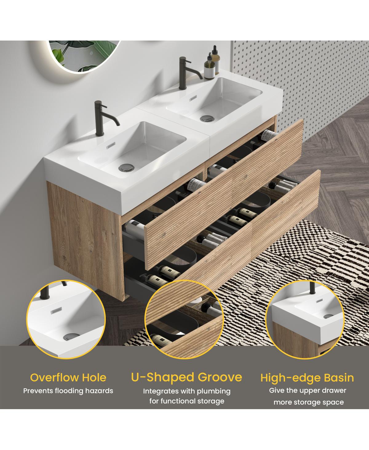 Sillysis Mid-Century Modern Bathroom Vanity with Oak Grille Double Drawers