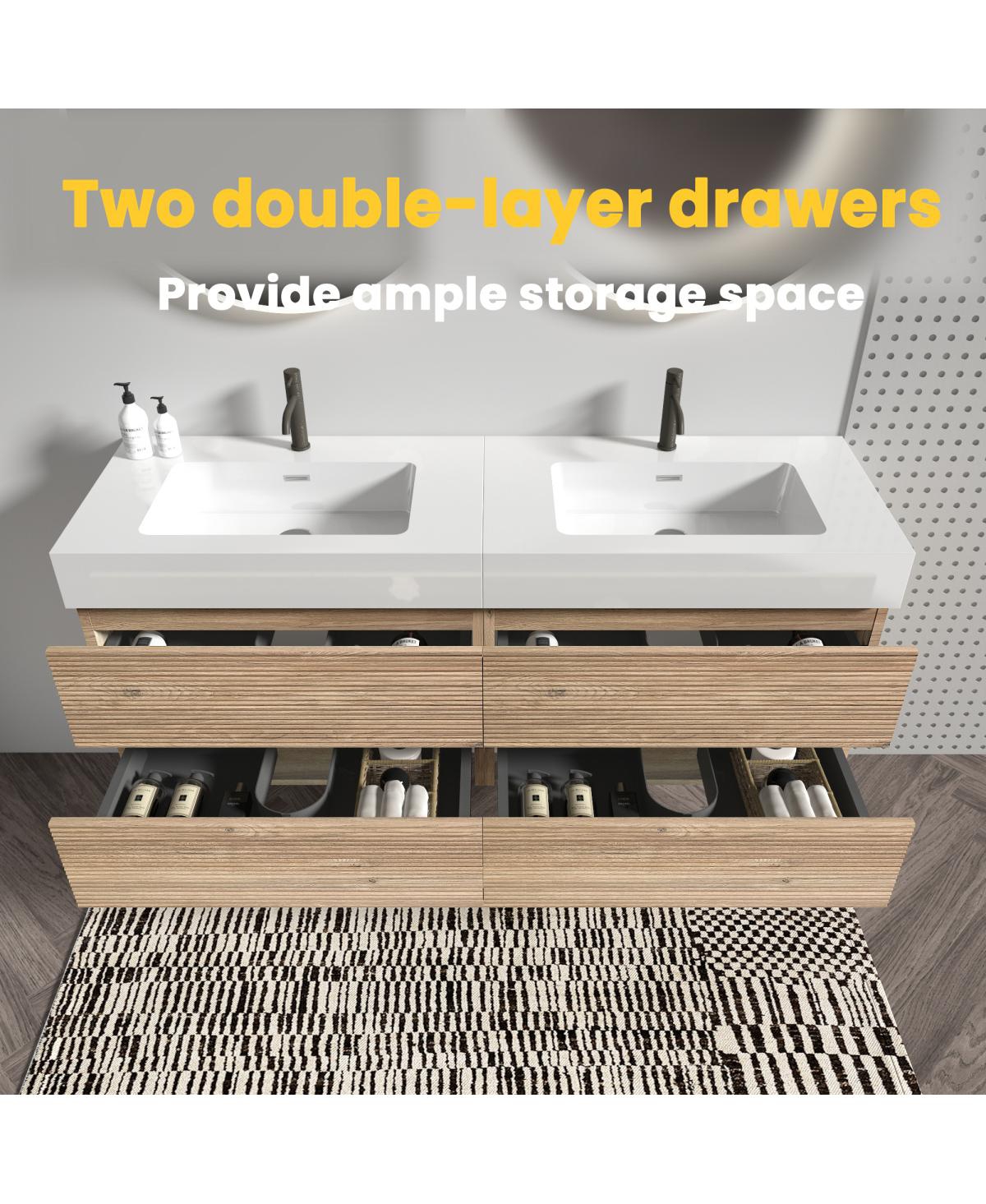 Sillysis Mid-Century Modern Bathroom Vanity with Oak Grille Double Drawers