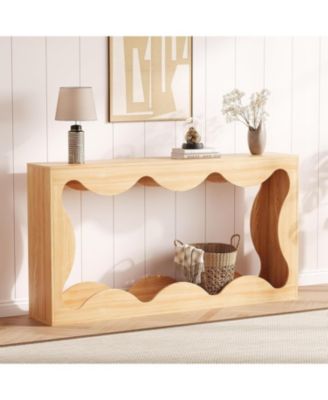 63 Inch Farmhouse Scalloped Console Table for Entryway, Narrow Wood Sofa Table Behind Couch with Storage, Rustic Hallway Furniture