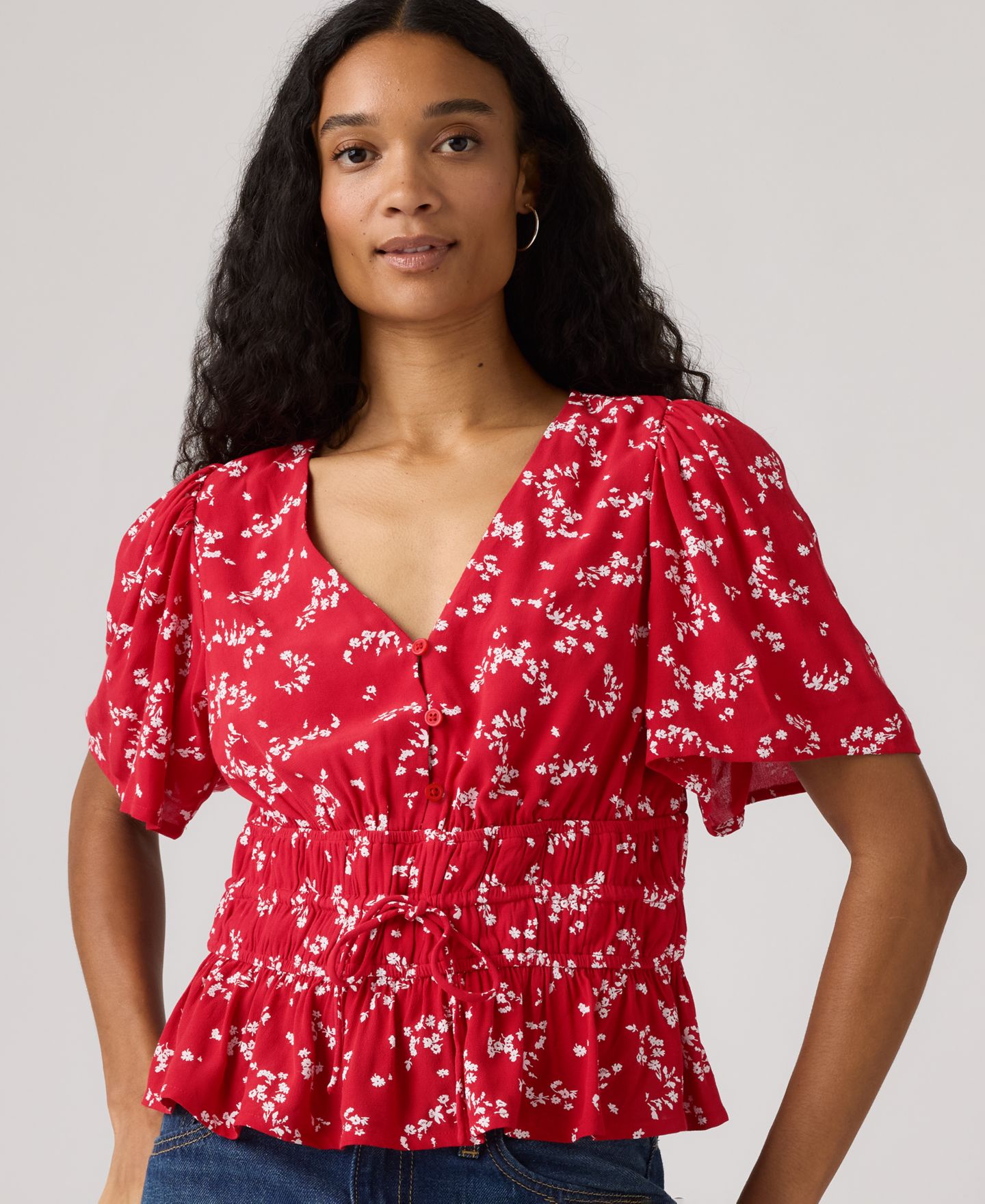 Женская блузка Levi's V-Neck Ryan Short-Sleeve Crepe Blouse, цвет: С принтом красный — фото 2