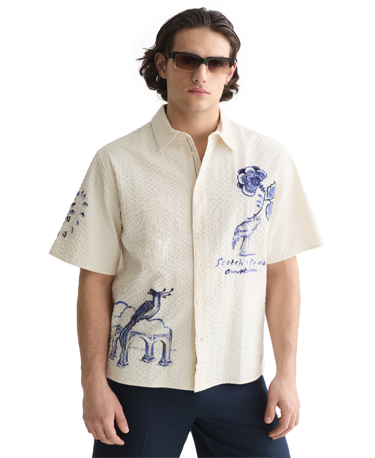 Scotch & Soda Men's Delfts Blauw Artwork Camp Collar Shirt