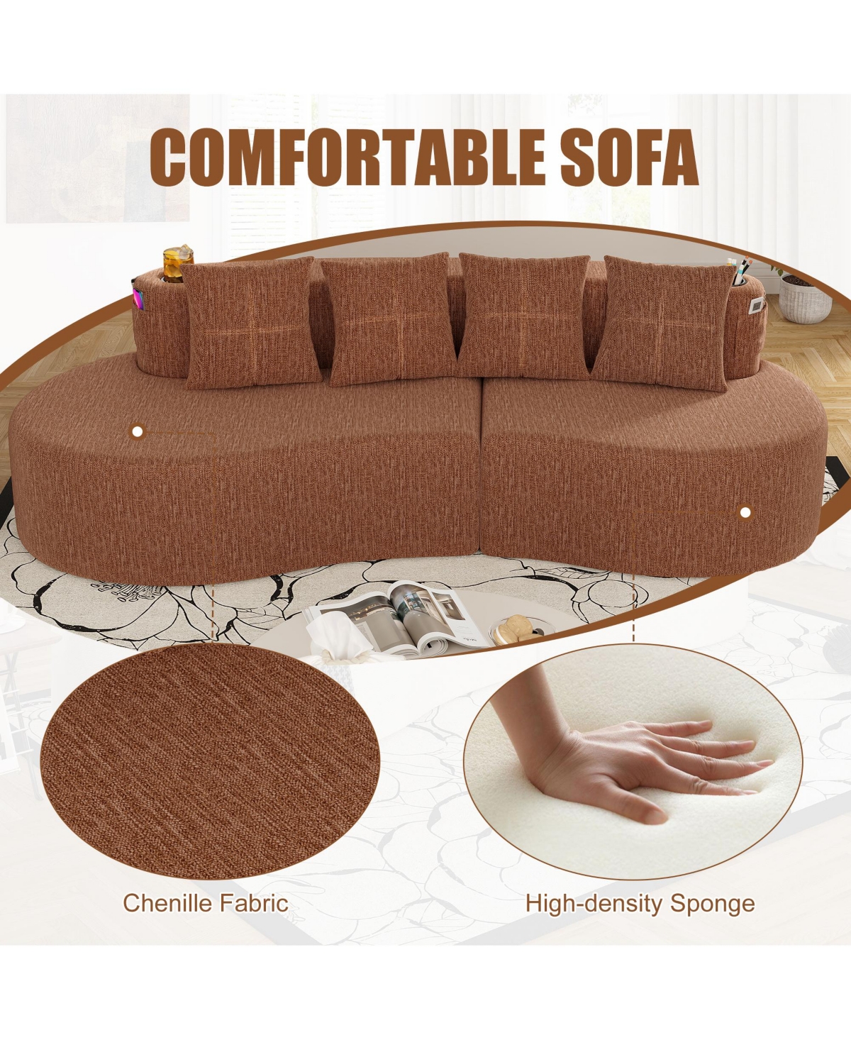Rainsken Modern 3-Seater Curved Modular Sofa, Half Moon Shaped Chenille Couch with Dual Cup Holders and Storage Side Pockets for Home Use