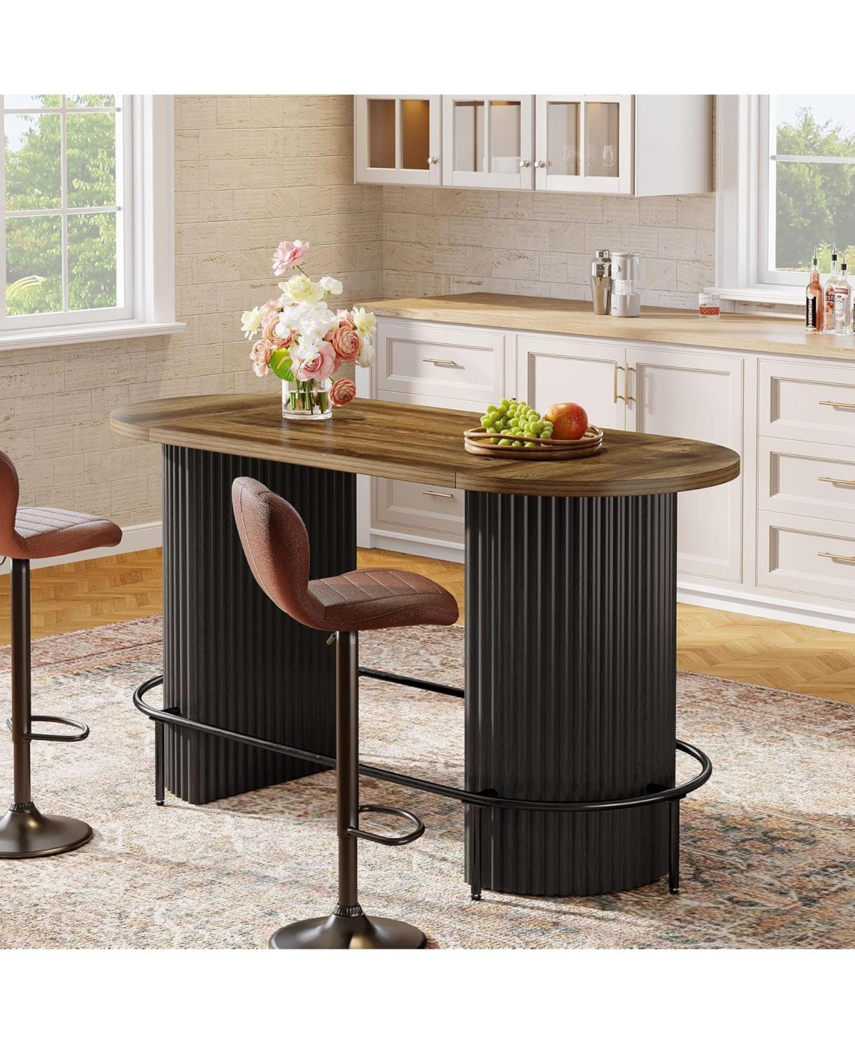 Tribesigns Bar Table, Modern Industrial Counter Height Pub Dining Table with Metal Footrest, Oval Home Bar Unit