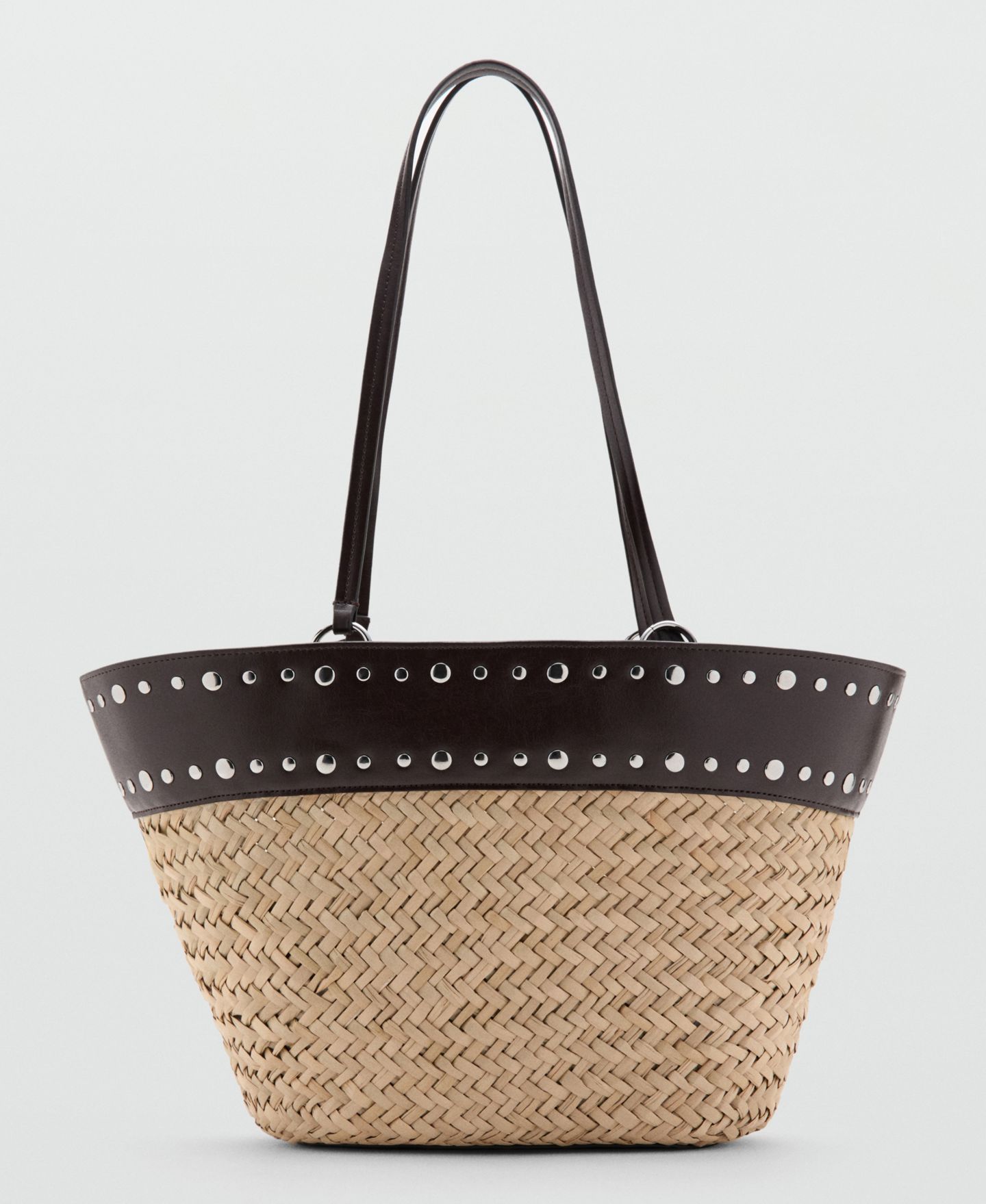 Женская сумка MANGO Studs Raffia Shopper, цвет: Шоколадный — фото 1