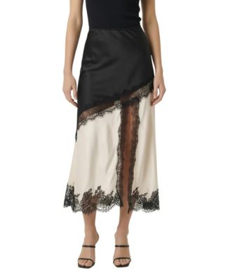 Women's Lace-Trim Asymmetric Satin Midi Skirt