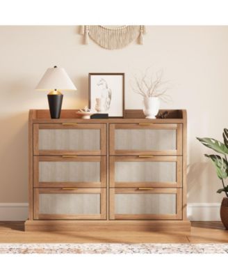  Farmhouse 6 Drawer Dresser for Bedroom, Rattan Chest of Drawers TV Stand with Gold Handles.