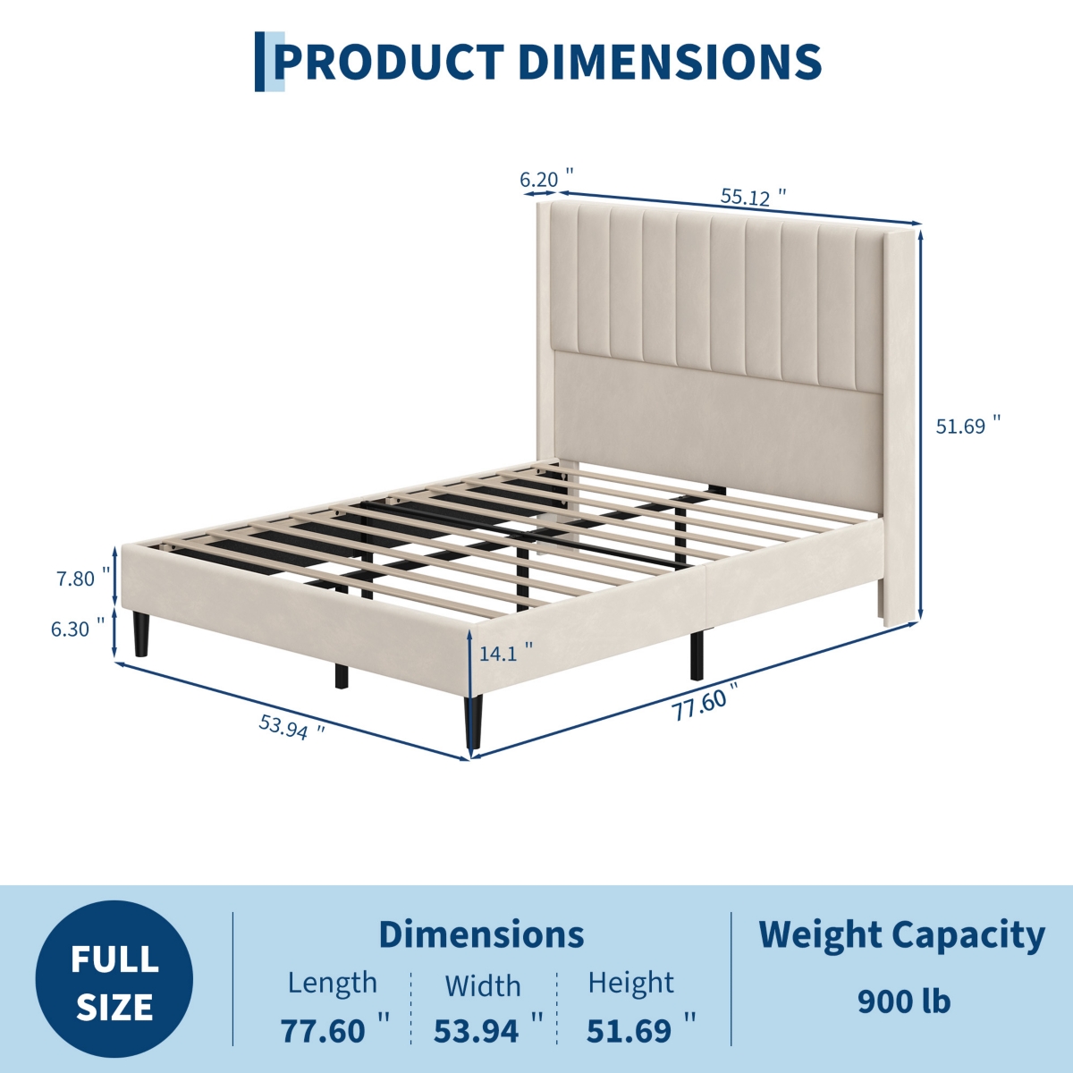 homfan Upholstered Platform Bed Frame - 52" Velvet Tufted Wingback Headboard, Vertical Channel Design, Wooden Slat Support