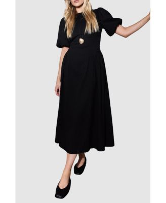 Women's Seersucker Puff Sleeve Midi Dress