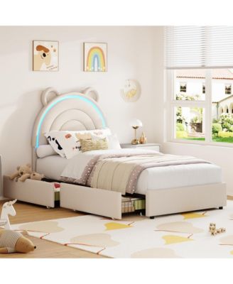 Upholstered Bed Frame with 2 Drawers, LED Light and Bear Headboard for Kids