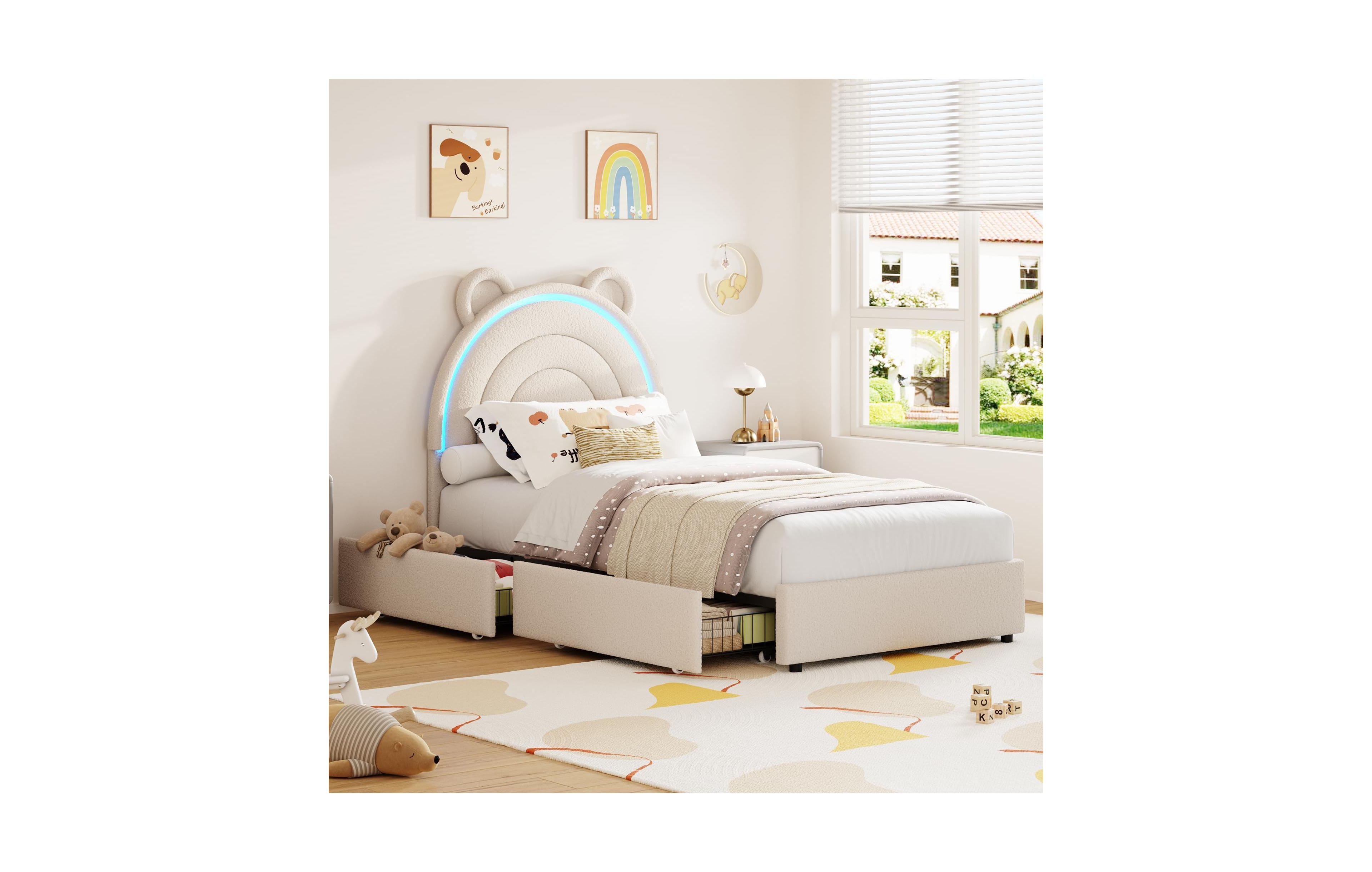 Homfan Upholstered Bed Frame with 2 Drawers, Led Light and Bear Headboard for Kids